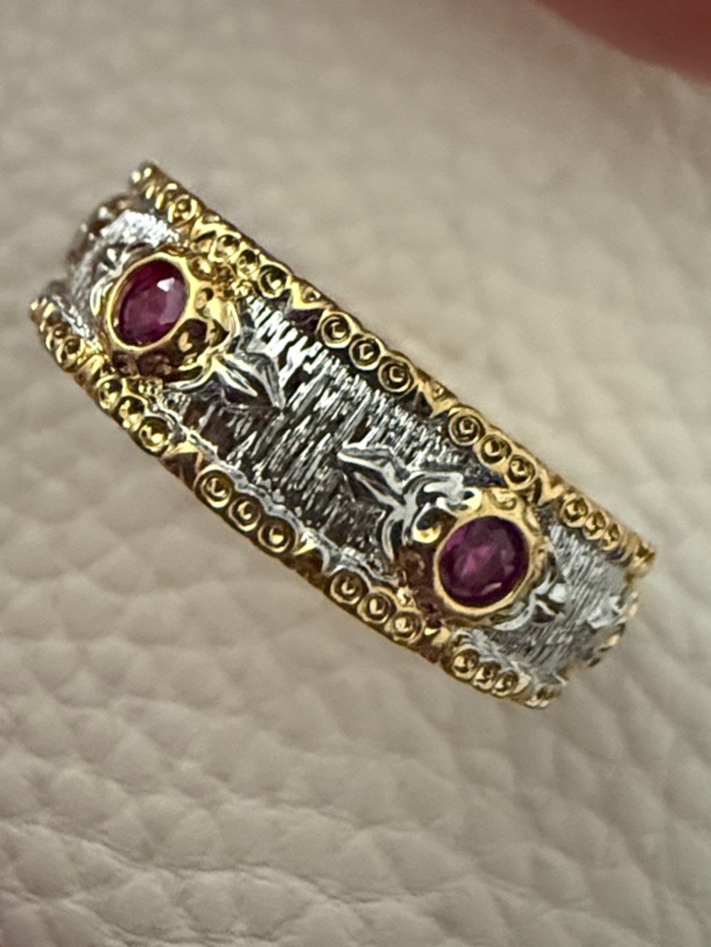 Two-Tone Textured Band Ring with Lab Ruby Gem Accents - Size 7